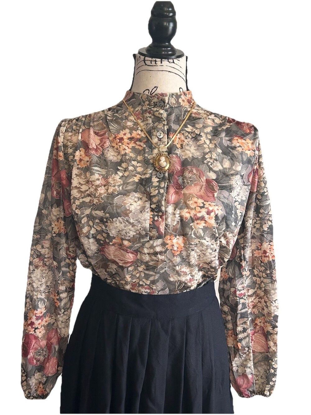 VTG 70s-80s Union Made Sheer Floral Garden Prairie Peasant Blouse Poet Sleeves